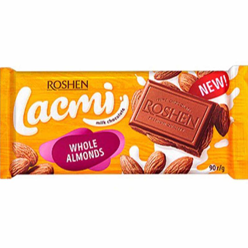 شکلات شیری با مغز بادام کامل 90 گرم لاکمی روشن Roshen Lacmi